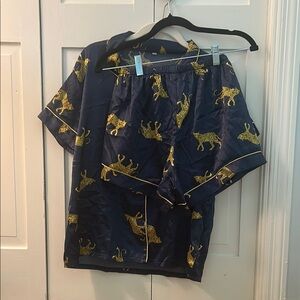 Navy Pajama Set with Gold Leopard Print